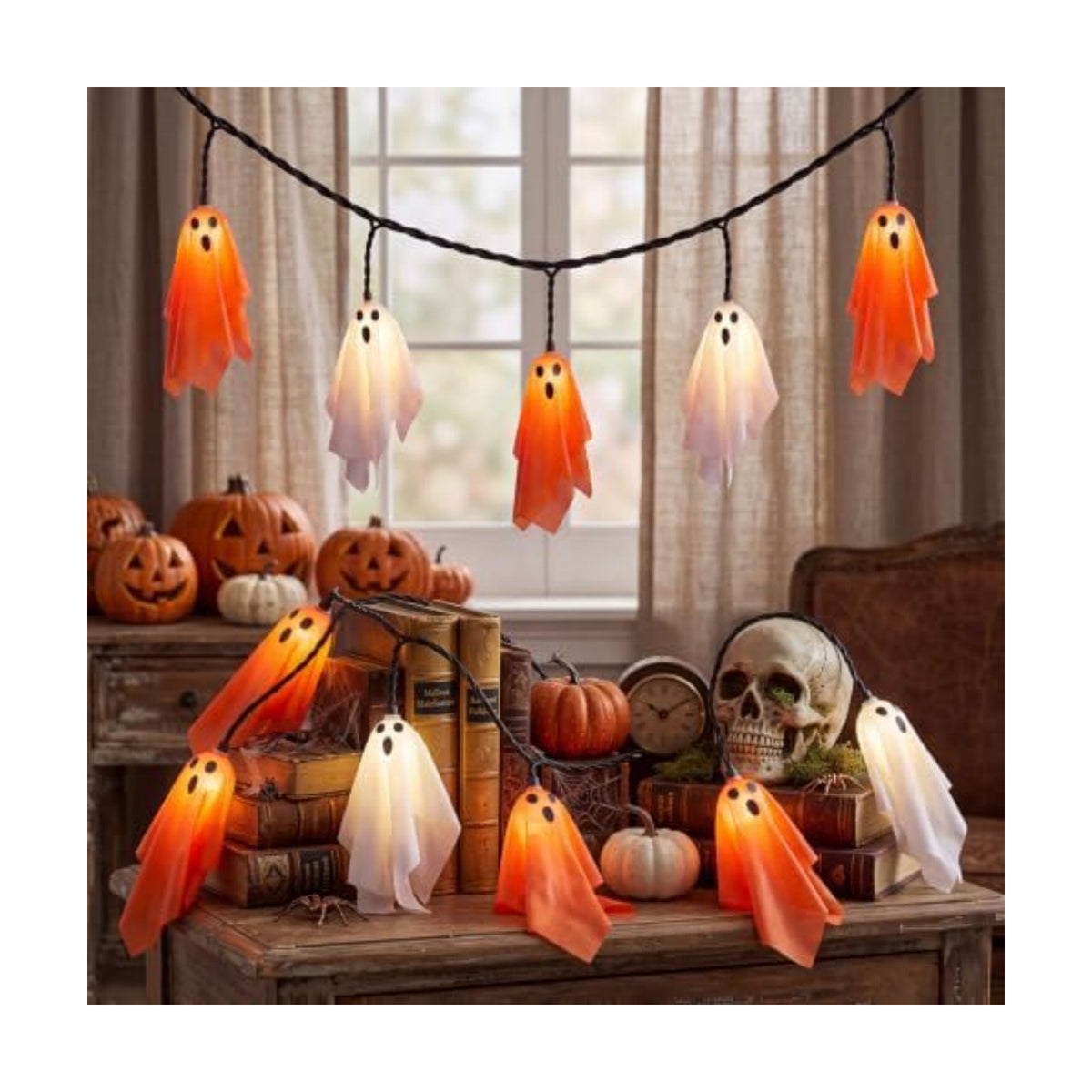 8.5FT 10 LED Halloween Orange and White Fabric Ghost String Lights Outdoor
