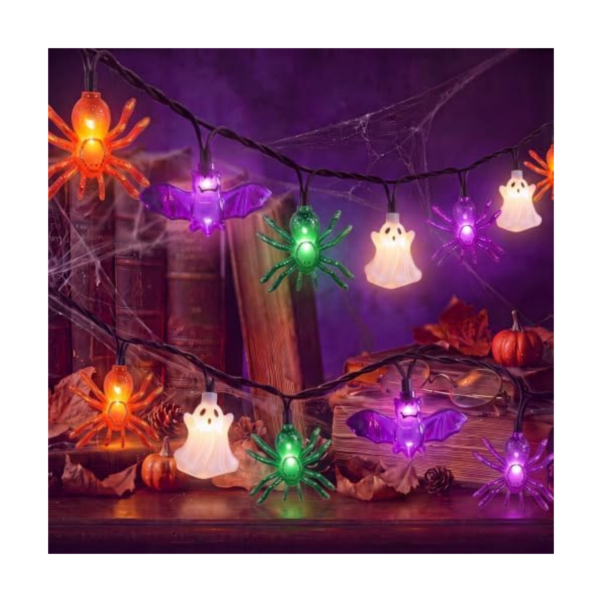 8.5FT 10 LED Halloween Spider Bat Ghost String Lights Outdoor, Plug in