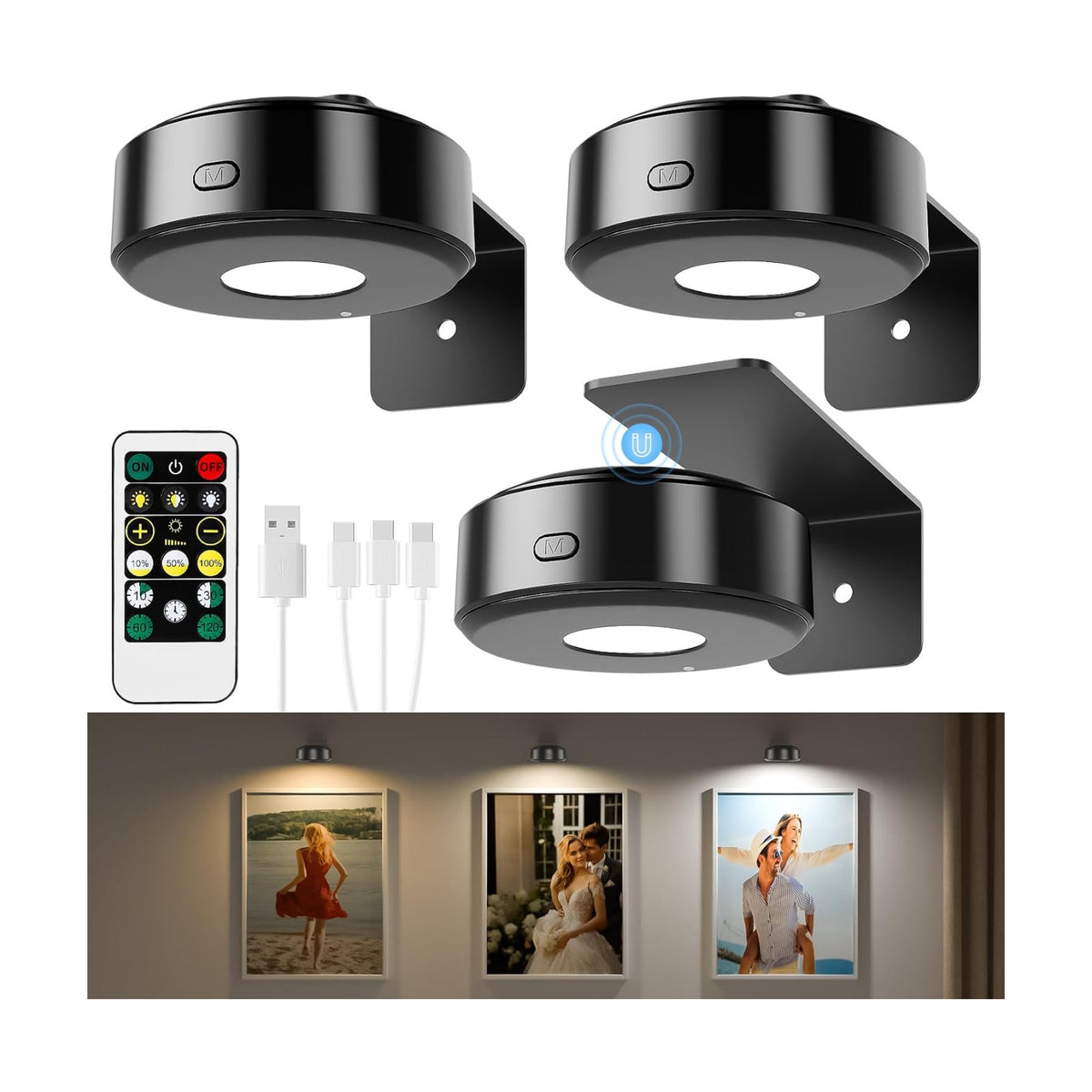 3 Pcs Picture Lights, Rechargeable Battery Operated Dimmable 3-Color Wall Light with Remote & Timer for Paintings