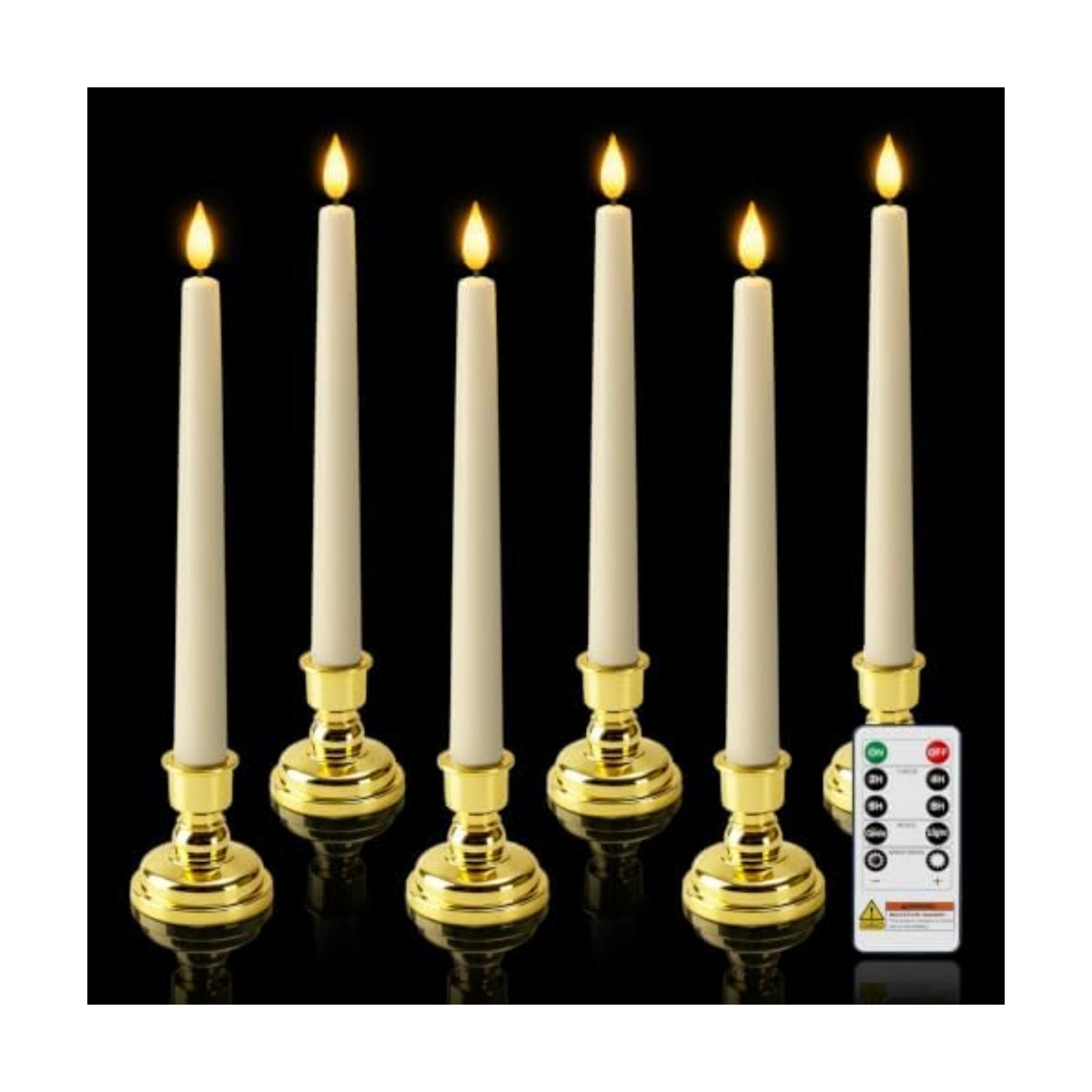 6 Pcs Window Candles with Remote and Timer, Flameless Taper Candles with Gold Holders, Battery Operated Christmas Candle, Ivory LED Candlesticks for Home Window Holiday Xmas Decor