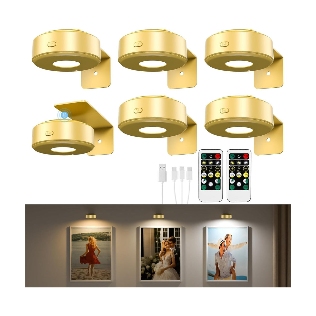6 Pcs Picture Lights, Rechargeable Battery Operated Dimmable 3-Color Wall Light with Remote & Timer for Paintings