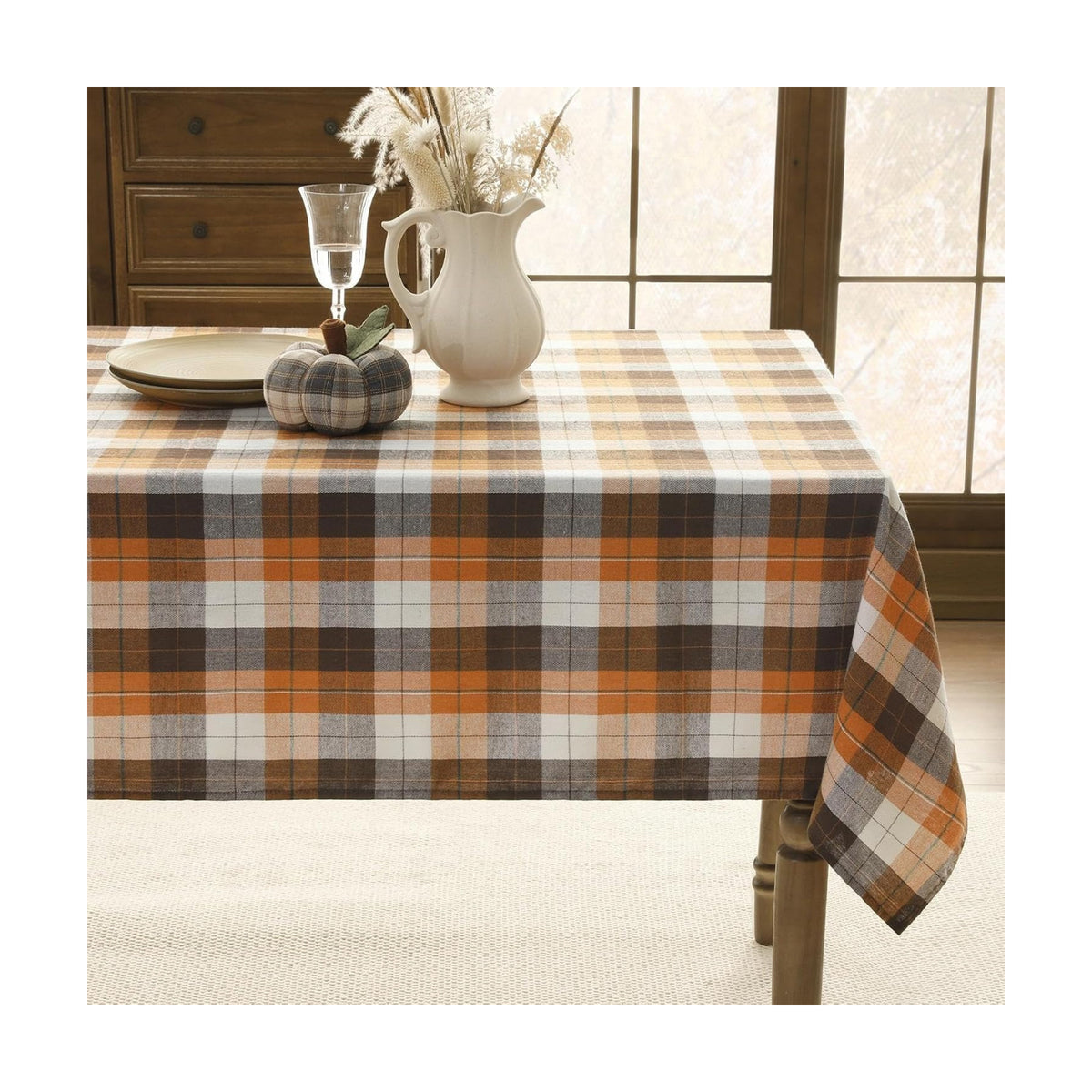 Romanstile Fall Checkered Tablecloth Rectangle, 60 x 84 Inch, Brown