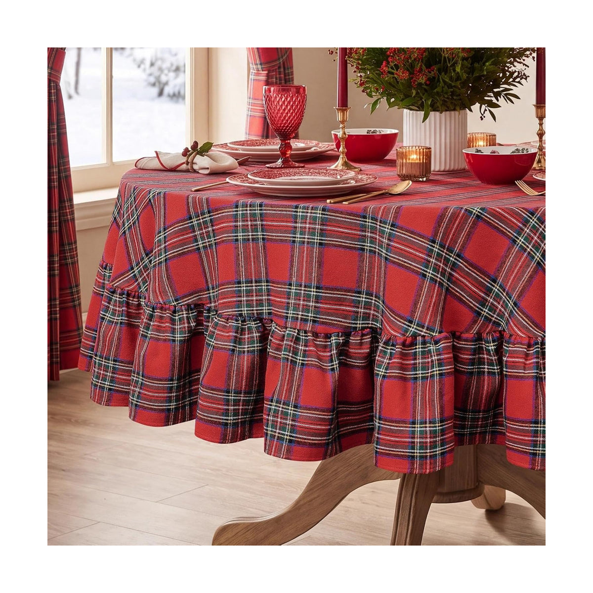 Softalker Christmas Ruffle Plaid Round Tablecloth, Red, 70" x 70"