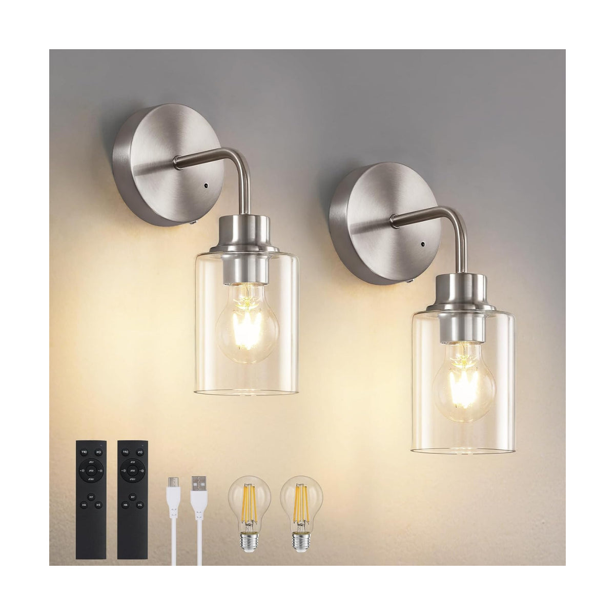 Epinl Battery Operated Wall Sconce Set of Two - Brushed Nickel Rechargeable Wireless Wall Sconces with Remote Control