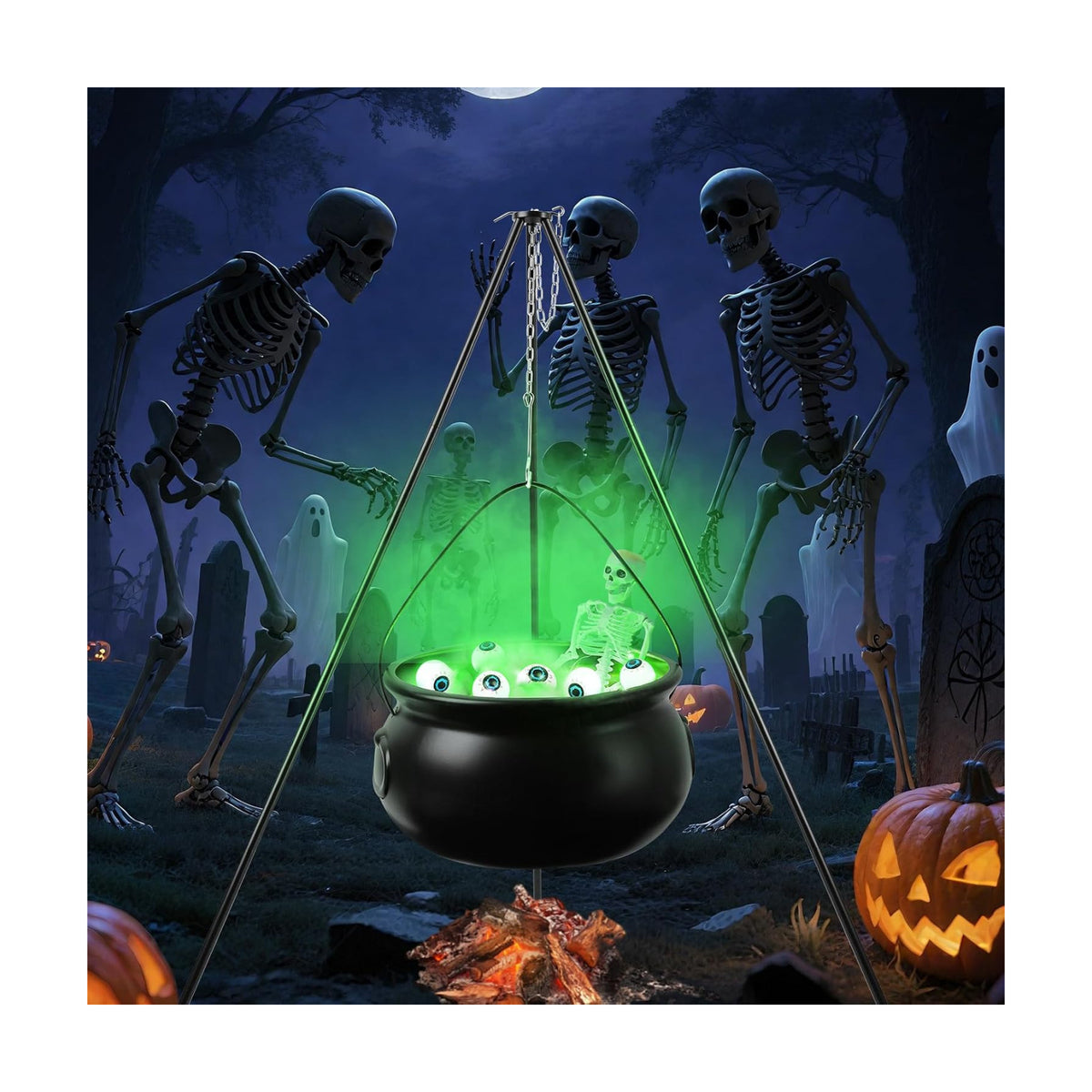 Halloween Decorations Outdoor, Large Witch Cauldron, with Large Tripod/Green Lights/Cotton/40CM Skull/Green Glowing Eyes, Witch Cauldron Magic Candy Bucket Decoration, for Porch Outdoor Party