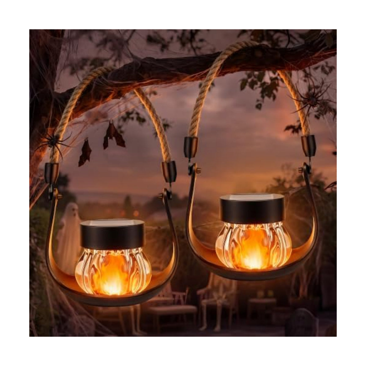 Halloween Solar Pumpkin Lantern with Flickering Flame, 2 Pack Rechargeable
