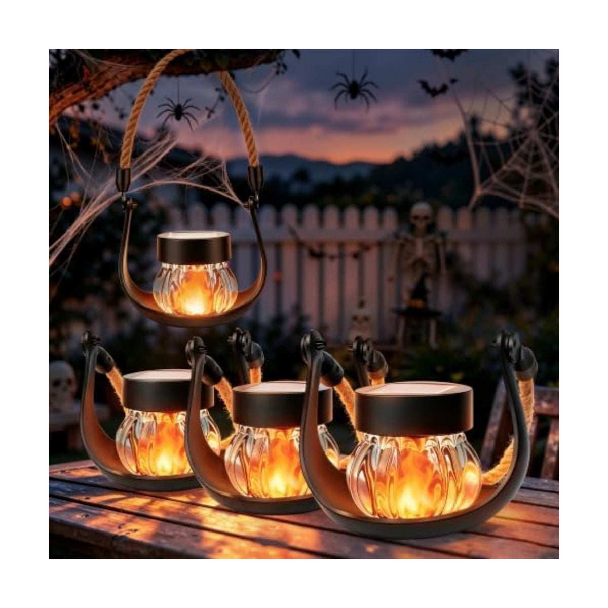 Solar Lantern with Flickering Flame, 4 Pack Solar Halloween Lights