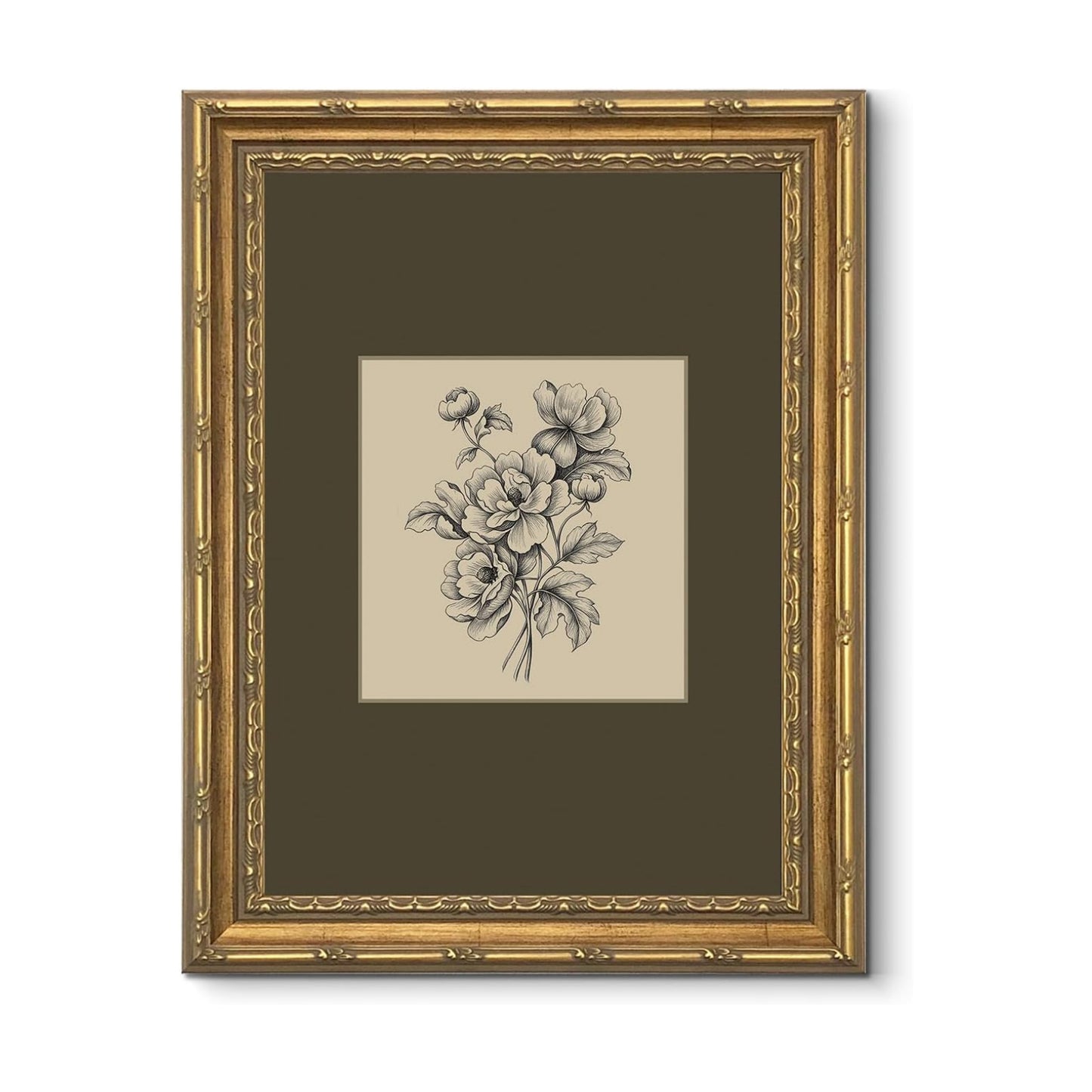 Vintage Botanical Dark Flower / Sketch / 16"L x 12"W / Green
