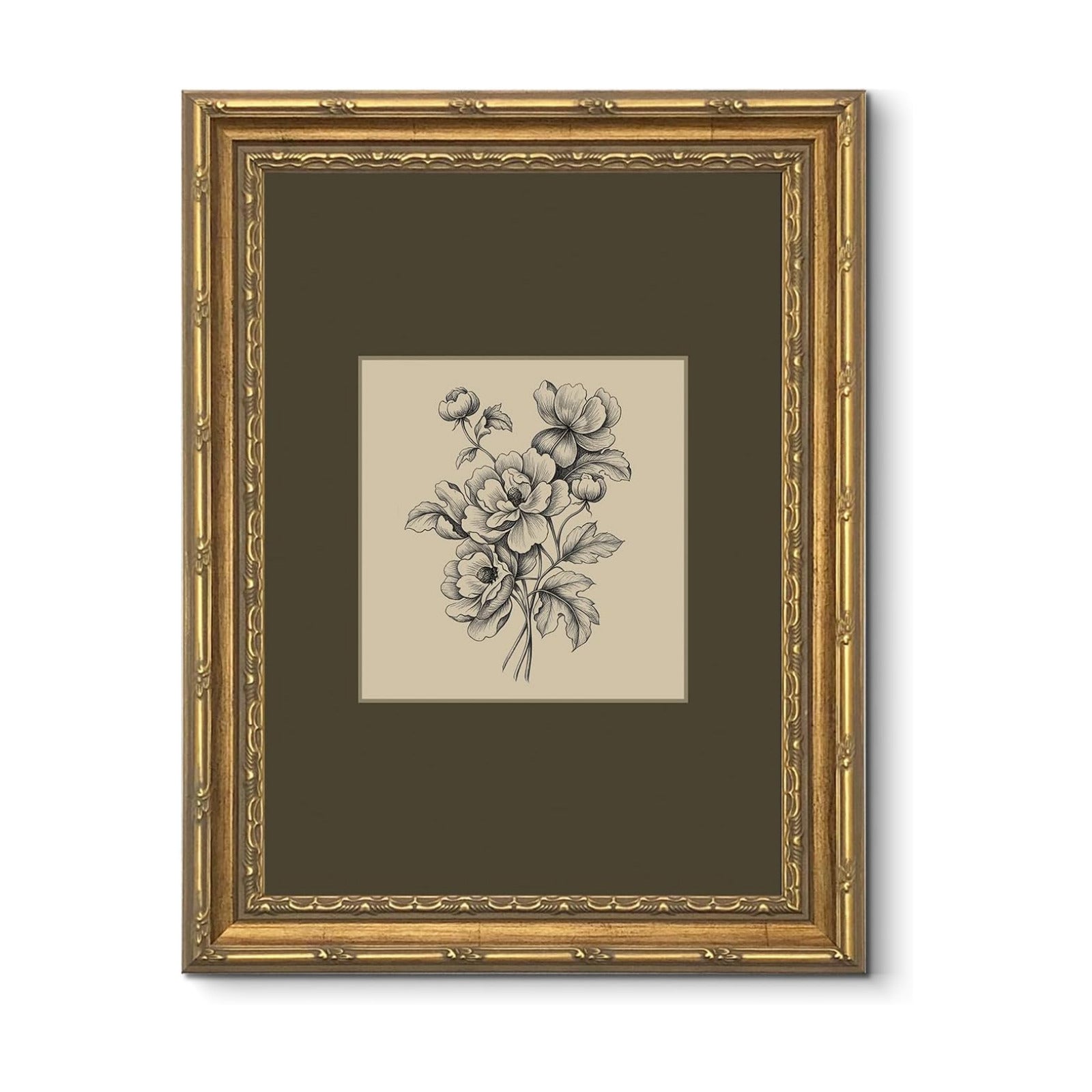 Vintage Botanical Dark Flower / Sketch / 16"L x 12"W / Green