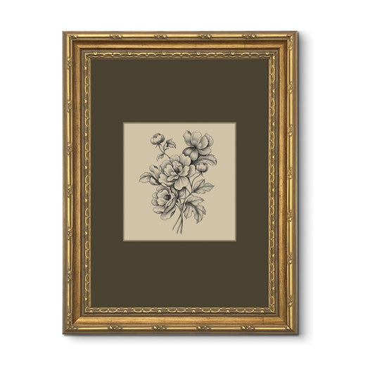 Vintage Botanical Dark Flower / Sketch / 16"L x 12"W / Green