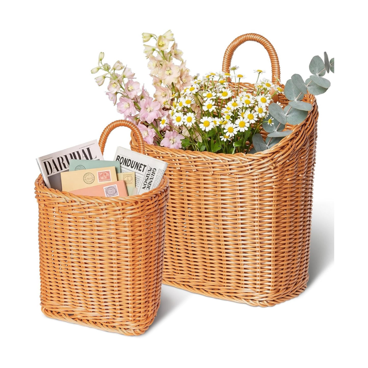 Handmade Woven Hanging Waterproof Plastic Rattan Wicker Basket / Set of 2