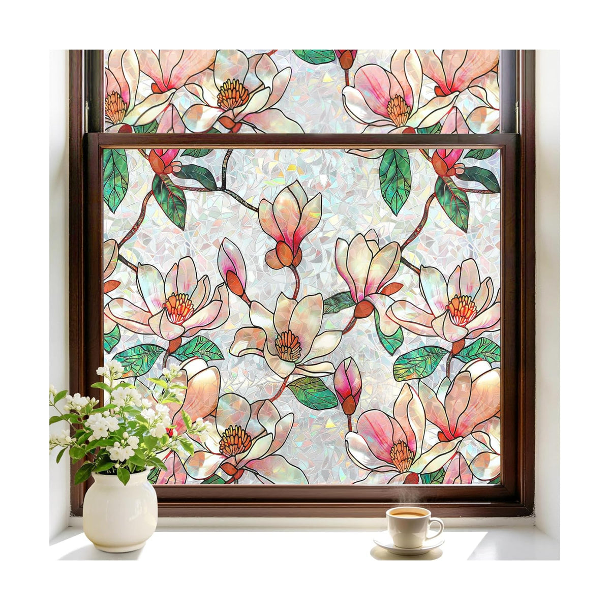 rabbitgoo Stained Glass Window Privacy Film, Magnolia, 17.5" x 78.7"
