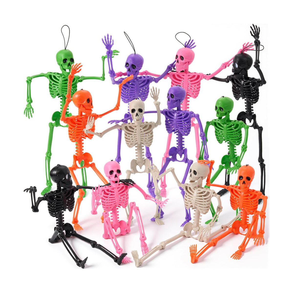 JOYIN 12 PCS Posable Halloween Skeleton Decor 16 Inches, Full Body Posable Joints Hanging Skeletons for Halloween Decorations, Graveyard Props, Haunted House Accessories, Spooky Scene Party Favors