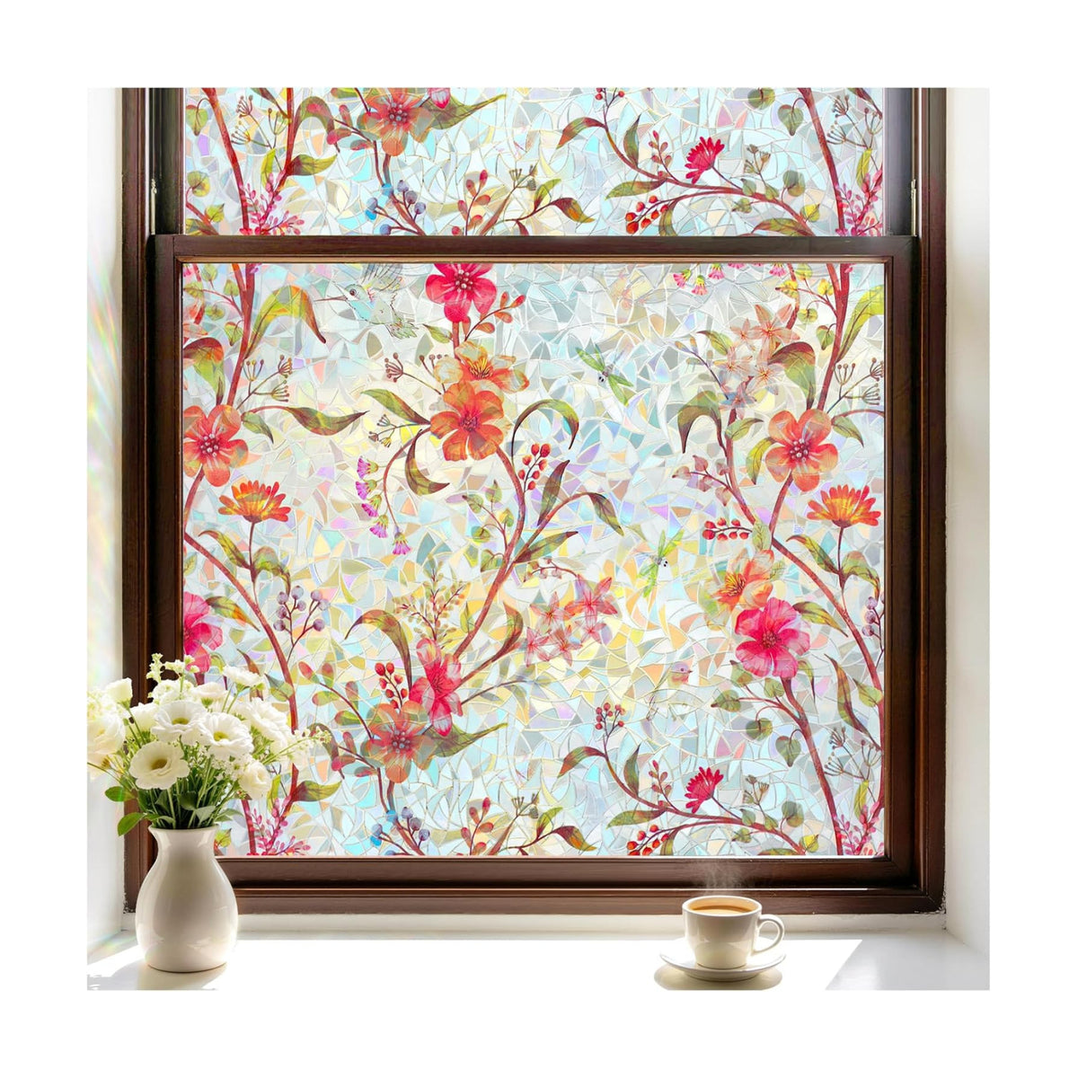rabbitgoo Stained Glass Window Privacy Film, Cosmos Floral, 17.5" x 157.4"