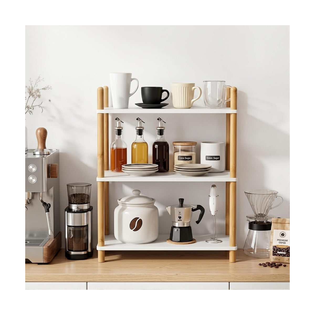 3-Tier Bamboo Coffee Bar Organizer,Coffee Bar Accessories, Mul-tifunctional Wooden Beaded Coffee Station Countertop