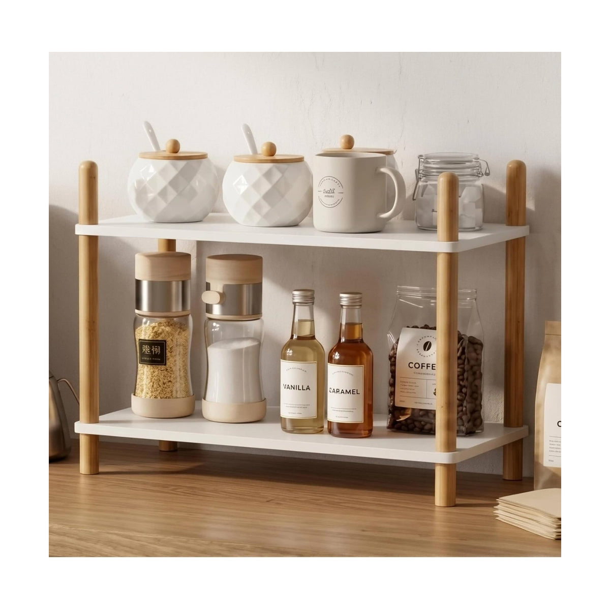 2-Tier Bamboo Coffee Bar Organizer,Coffee Bar Accessories, Mul-tifunctional Wooden Beaded Coffee Station Countertop