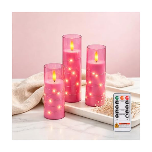 Raycare Flameless Battery Operated Pillar Candles with Remote Timer, Pink