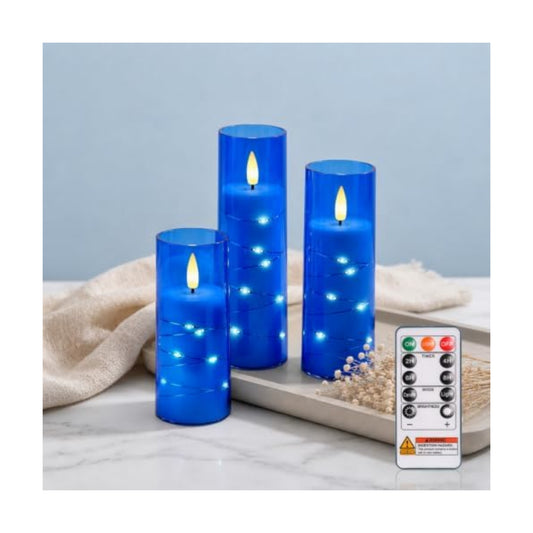 Raycare Flameless Battery Operated Pillar Candles with Remote Timer, Blue