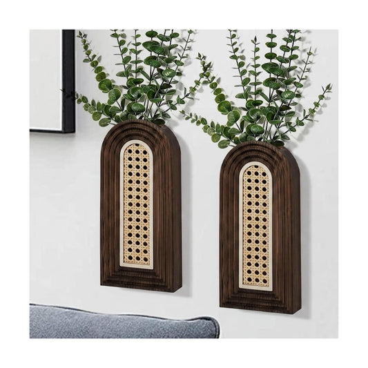 Wooden Wall Vase Set / Rattan-dark Brown / Set of 2