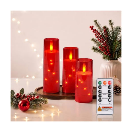 Raycare Flameless Battery Operated Pillar Candles with Remote Timer, Red
