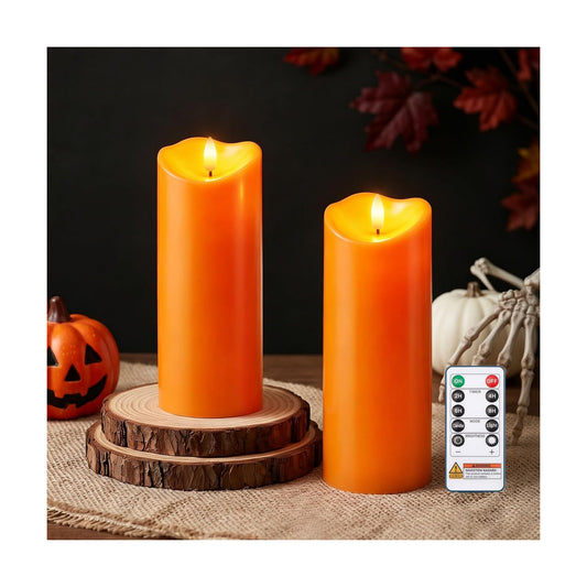 Raycare Orange 8"x3" Outdoor Waterproof Flameless Candle with Remote Timer | Battery Operated Pillar Candle, Autumn