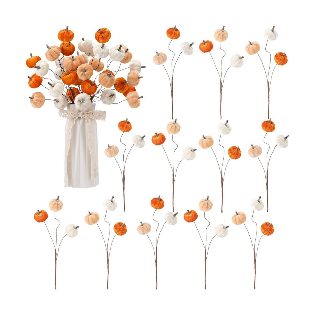 Suncalla 12 Pcs Fall Pumpkins Picks Velvet Fall Flower Picks