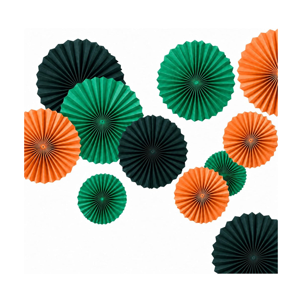 Paper Round Fan Set (12 Pcs) - 8/10/12/14 Inch Grass Green, Dark Green, Orange Hanging Paper Fans for Graduation, Birthday, Sports Party, Classroom, Baseball Party, Shop Window Decor