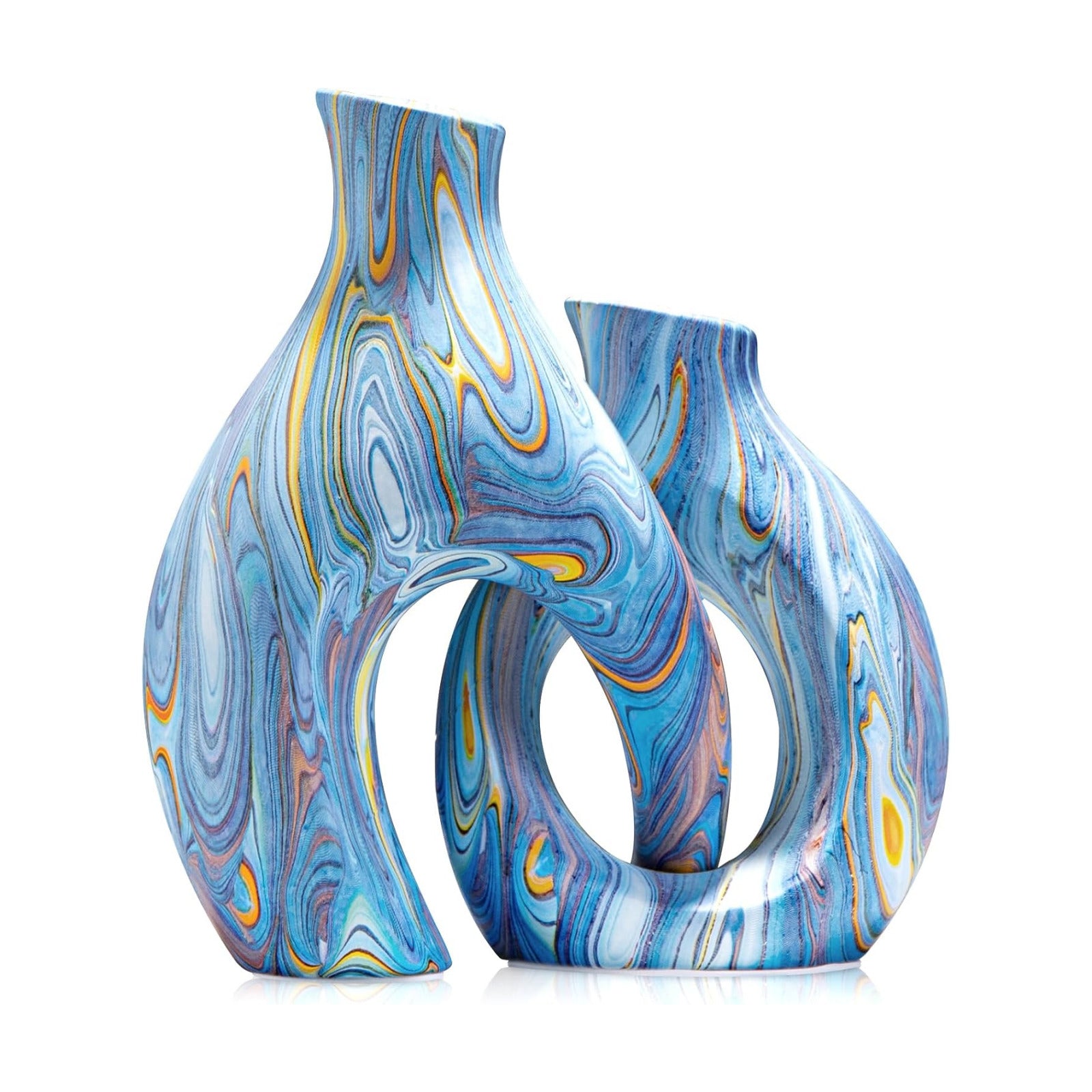 Ceramic Vases / Handcrafted Water-Transfer Flower Vase Set / Ocean Donut / Blue / Set of 2