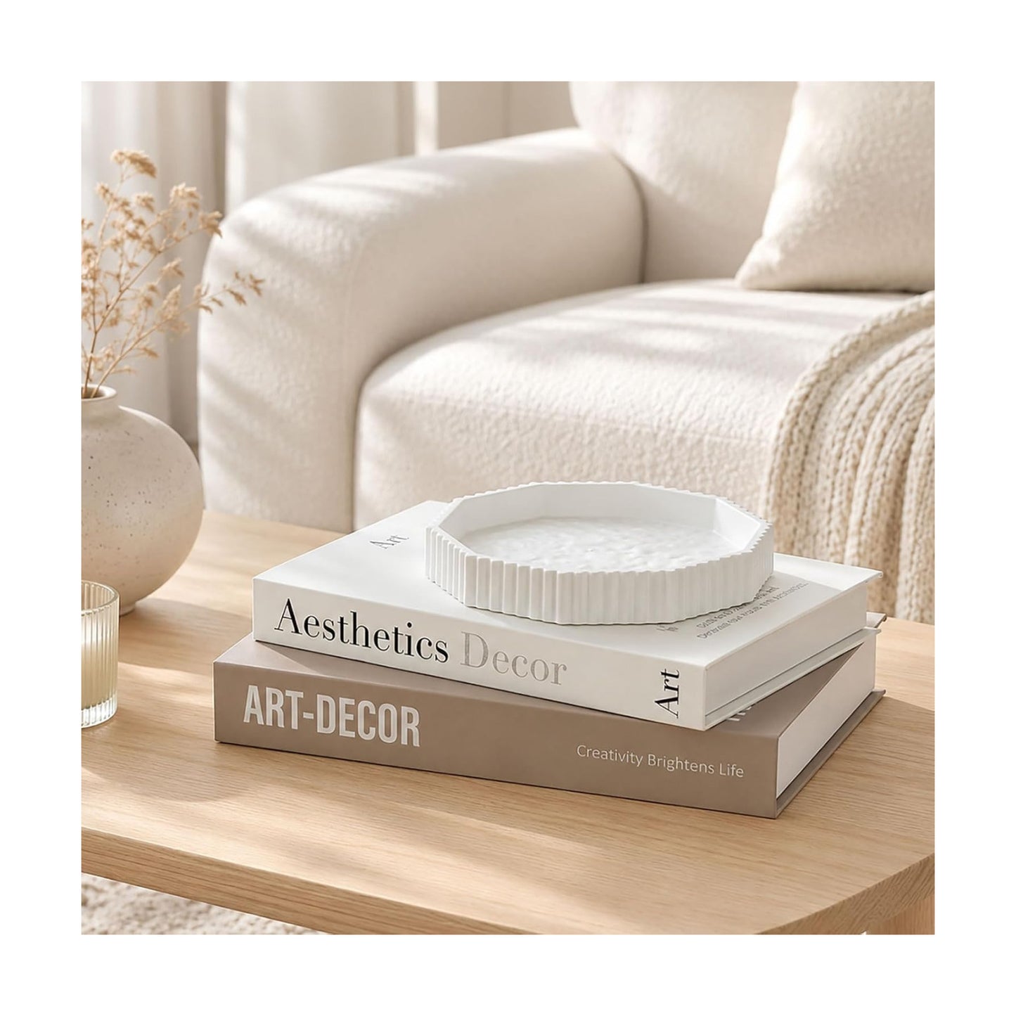 Decorative Concrete Tray & Linen Faux Book Box Set / Beige