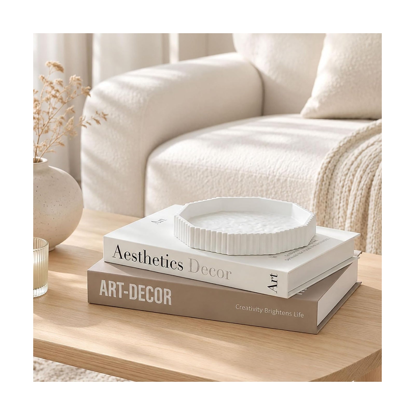 Decorative Concrete Tray & Linen Faux Book Box Set / Beige