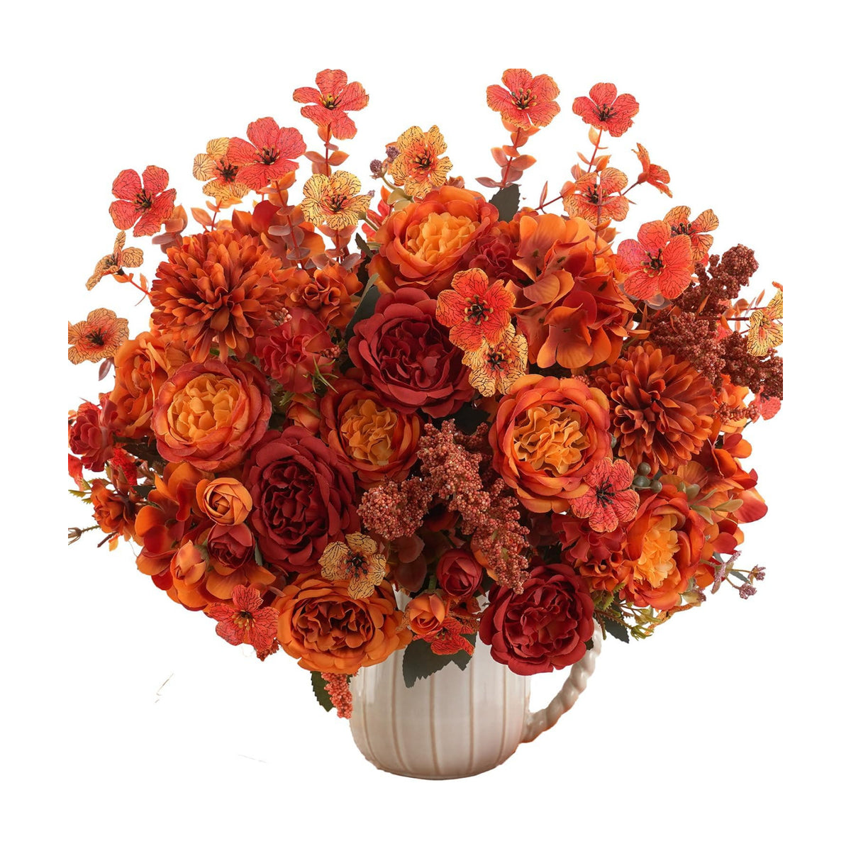 Mixed 8pcs Fall Artificial Peony Hydrangea Bouquet, Burnt Orange Red Silk Faux Flower, Autumn Faux Floral Arrangements for Wedding Table Thanksgiving Outdoor Planters Porch Patio Garden Yard
