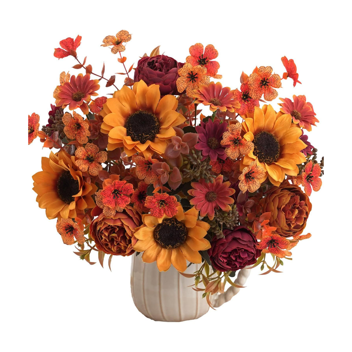 Mixed 5 Pcs Fall Artificial Sunflower Peony Bouquet, Yellow Burgundy Silk Faux Flower, Autumn Faux Floral Arrangements for Wedding Table Centerpiece DIY Thanksgiving Farmhouse Indoor Outdoor Decor