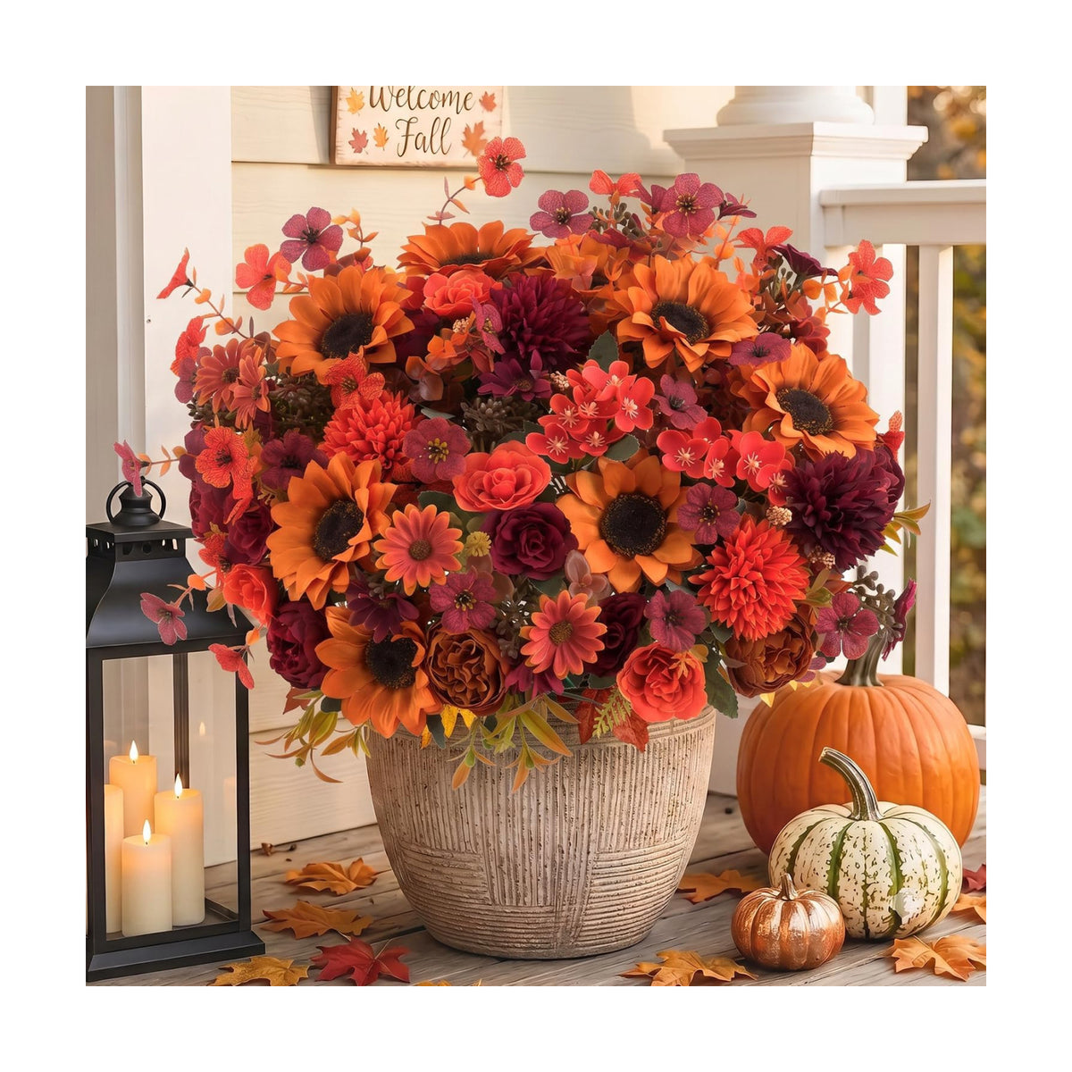 Mixed 10 Pcs Fall Artificial Sunflower Peony Bouquet, Burnt Orange Burgundy Silk Faux Flower, Autumn Faux Floral Arrangements for Wedding Table Centerpiece DIY Thanksgiving Farmhouse Outdoor Decor