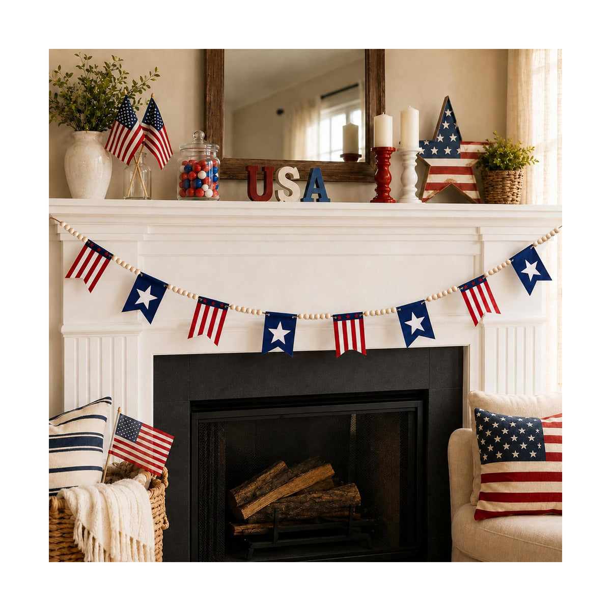 Felt Red White Blue Wood Bead Garland Banner for Mantel Fireplace