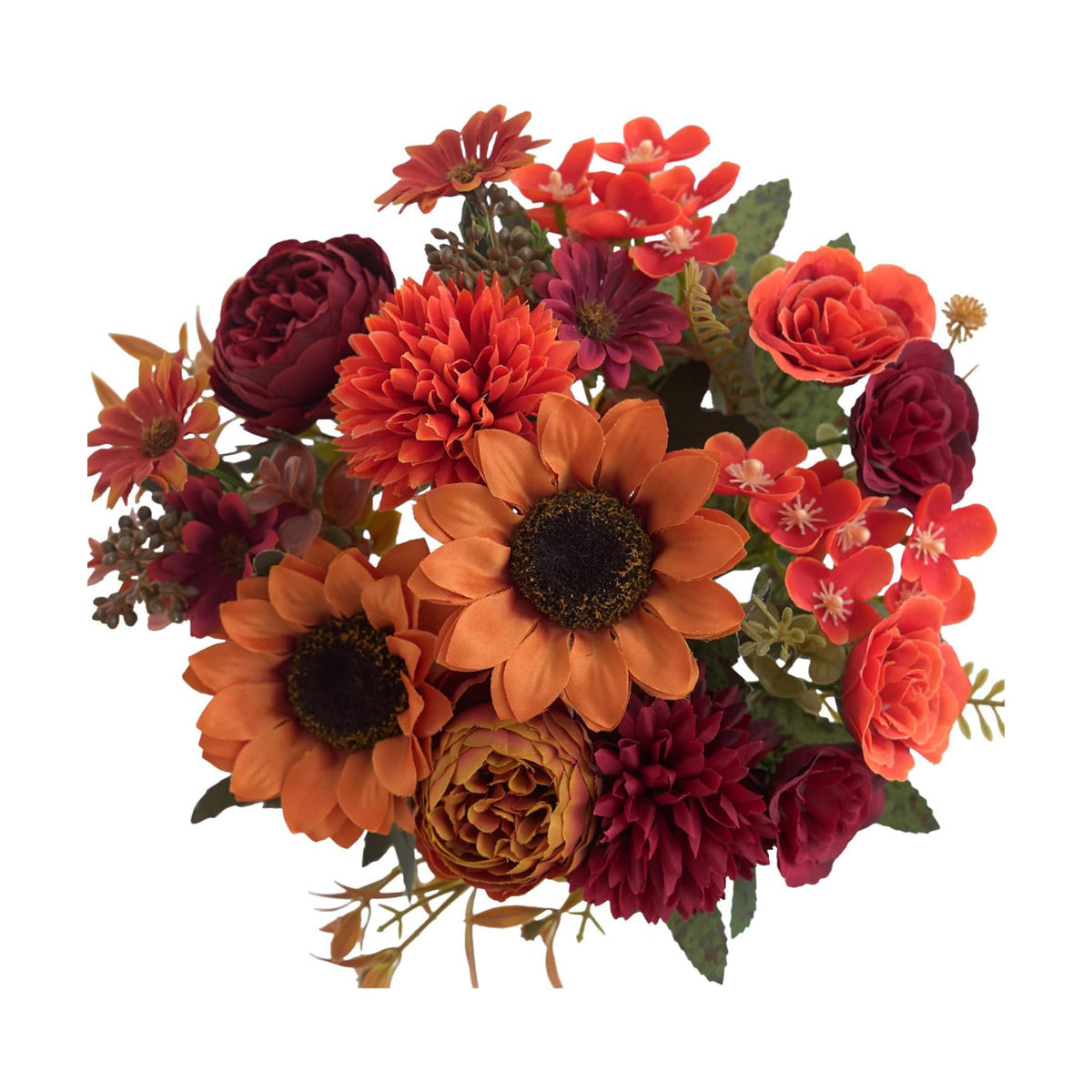 2 Pcs Fall Artificial Sunflower Peony Bouquet, Burnt Orange Burgundy Silk Faux Flower, Autumn Faux Floral Arrangements for Wedding Table Centerpiece Thanksgiving Farmhouse Indoor Outdoor Decor