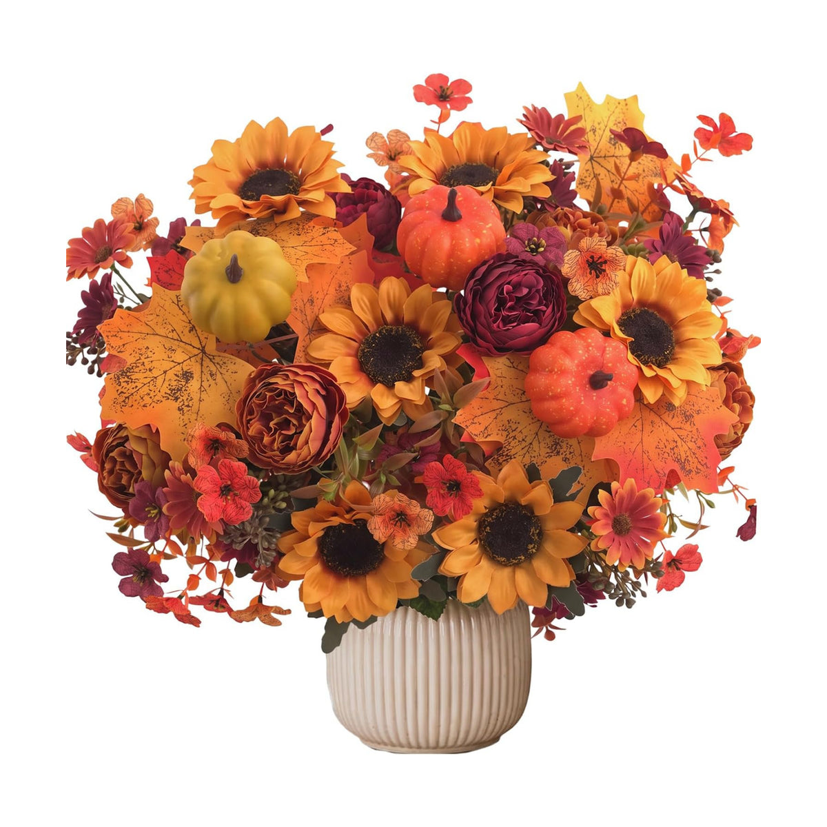 Mixed 12 Pcs Fall Artificial Flowers, Sunflower Peony Bouquet with Maple Leaves Pumpkins, Autumn Faux Floral Arrangements for Table,Thanksgiving, Halloween, Porch Planters, Garden Patio Outdoors Decor