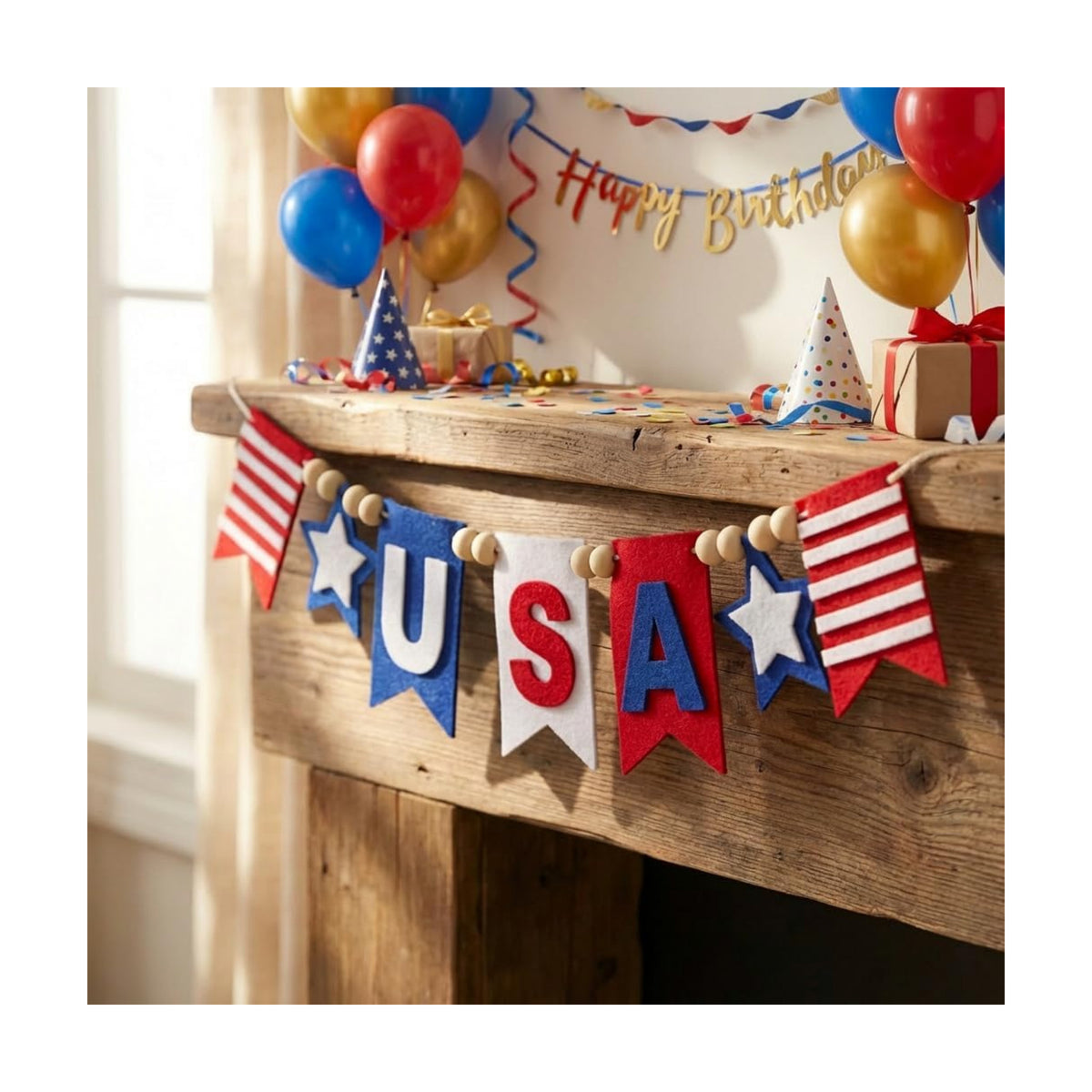 Felt USA Red White Blue Wood Bead Garland Banner for Mantel Fireplace