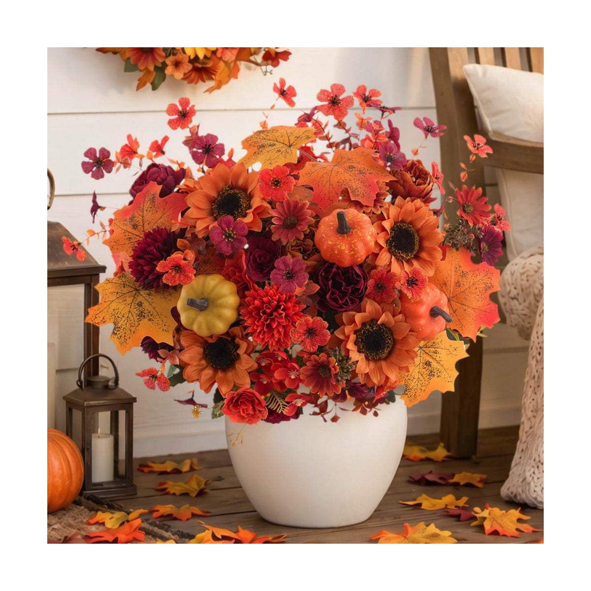 Mixed 12 Pcs Fall Artificial Flowers, Sunflower Peony Bouquet with Maple Leaves Pumpkins, Autumn Faux Floral Arrangements for Table,Thanksgiving, Halloween, Porch Planters, Garden Patio Outdoors Decor