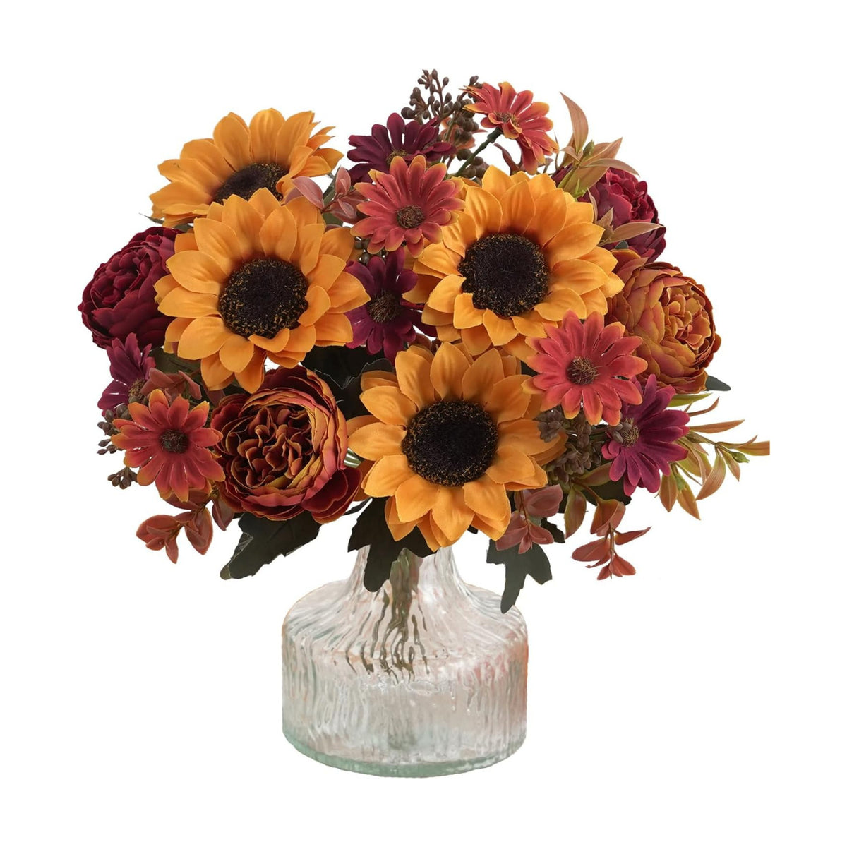 2 Pcs Fall Artificial Sunflower Peony Bouquet, Yellow Burgundy Silk Faux Flower, Autumn Faux Floral Arrangements for Wedding Table Centerpiece DIY Thanksgiving Farmhouse Indoor Outdoor Party Decor