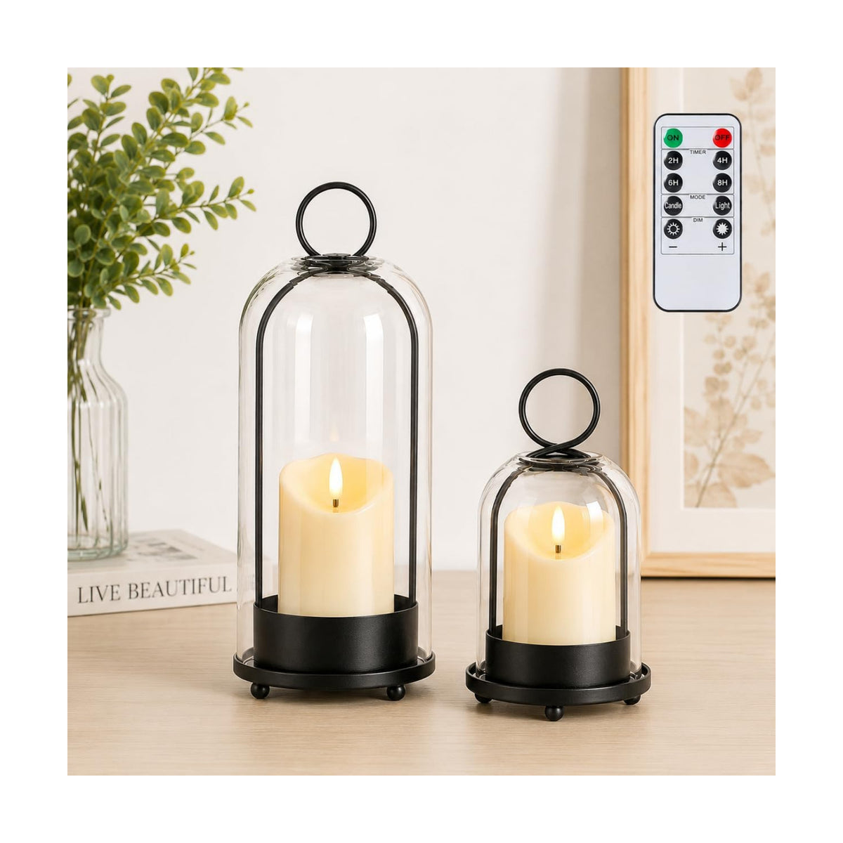 Hurricane Metal Candle Holder Set of 2, 12” & 7.5”, with Handcrafted Glass Dome for Pillar Candle, Plants & 2 Timer