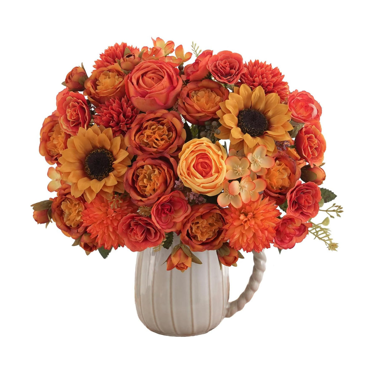 8 Pcs Mixed Autumn Artificial Peony Flower Set-4 Bouquets & 4 Stems, Orange Yellow Fake Peony Sunflower Rose Silk Flower for Fall Table Centerpiece Farm Wedding Thanksgiving Halloween Home Decor