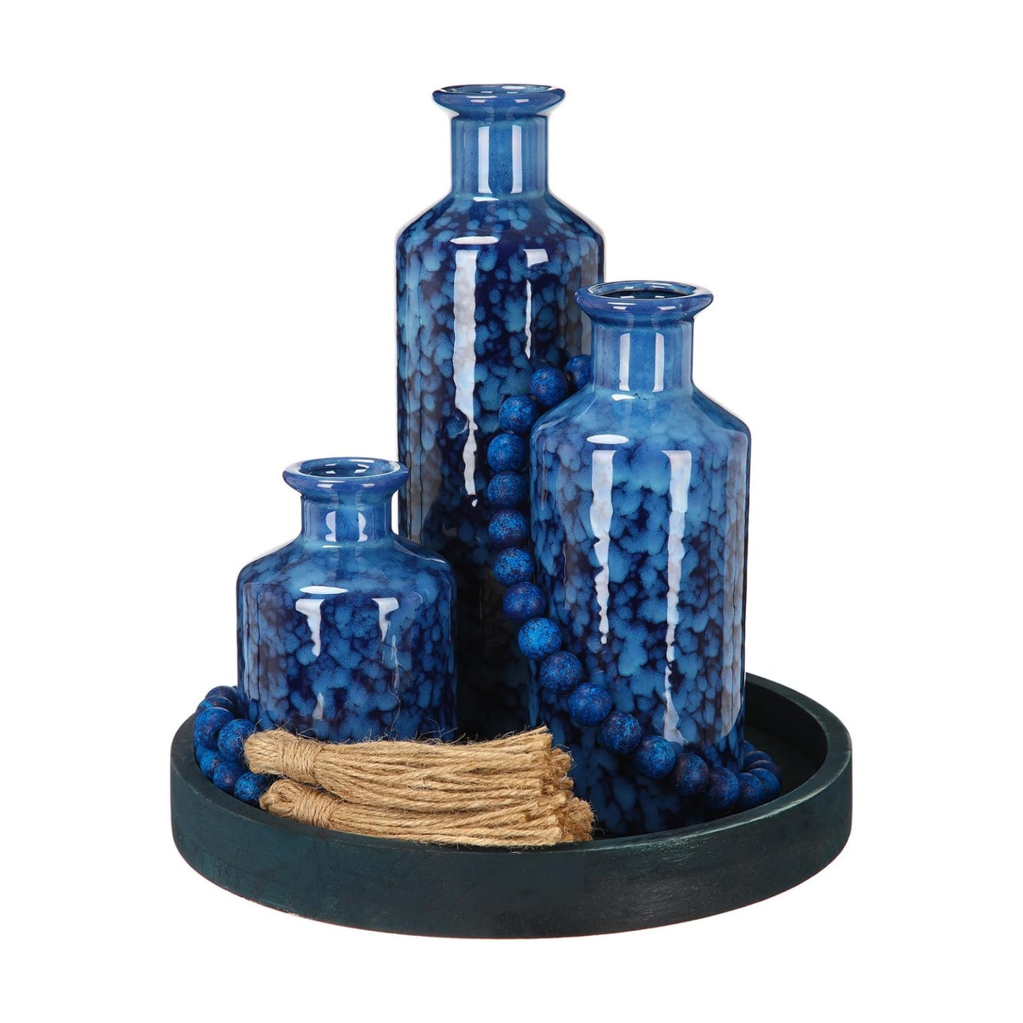 Wooden Serving Tray Wood Bead Garland / Country Blue / Set of 5