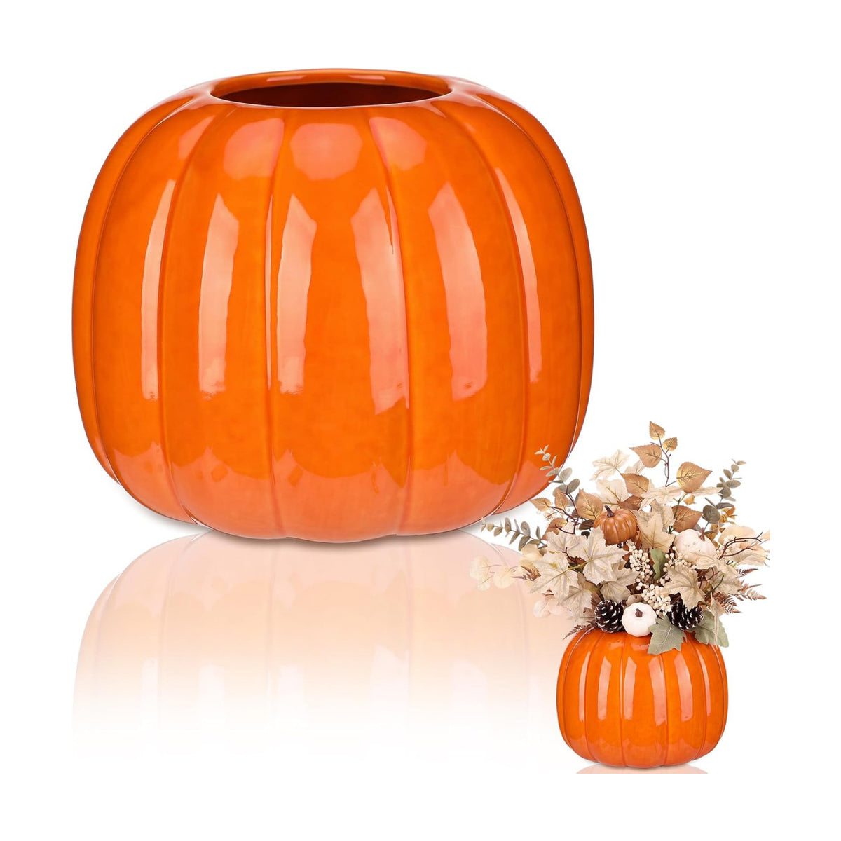 Beeveer 5.5 Inch Ceramic Pumpkin Vase, Large Orange Pumpkin Flower Vase