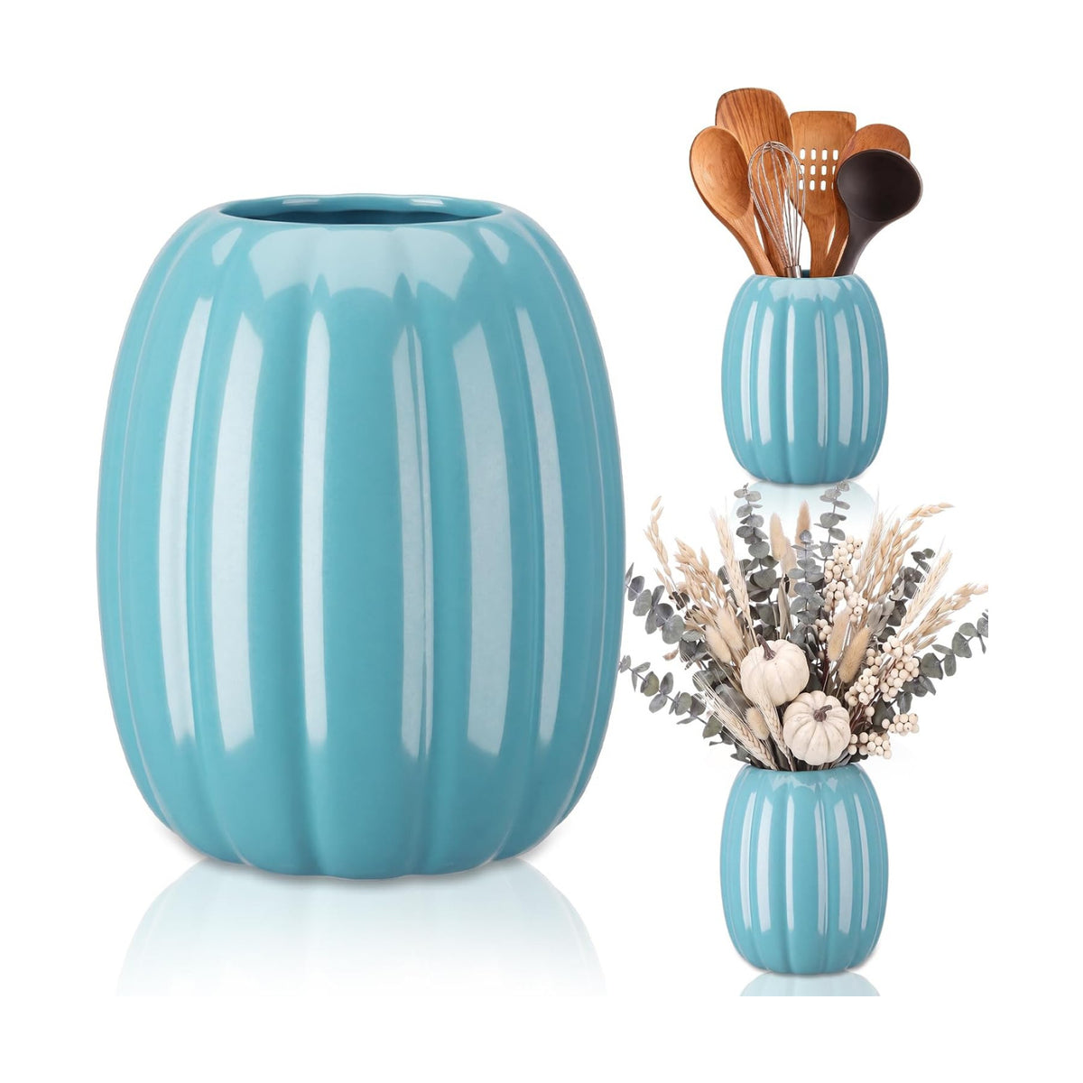 Beeveer 6.7 Inch Ceramic Pumpkin Vase, Large Blue Pumpkin Utensil Holder