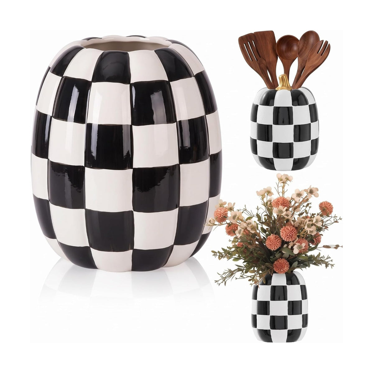 Beeveer 6.7'' Ceramic Pumpkin Vase Black and White Checkered Utensil Holder