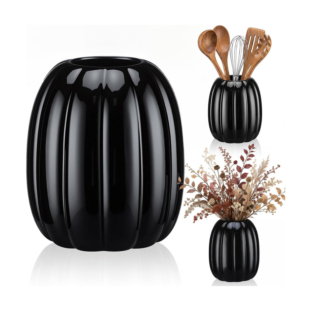 Beeveer 6.7 Inch Ceramic Pumpkin Vase, Large Black Pumpkin Utensil Holder