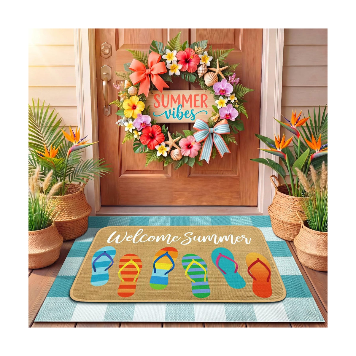 Tinideya 2 Pcs Summer Flip Flop Door Mat Outdoor Layered Entrance Rug