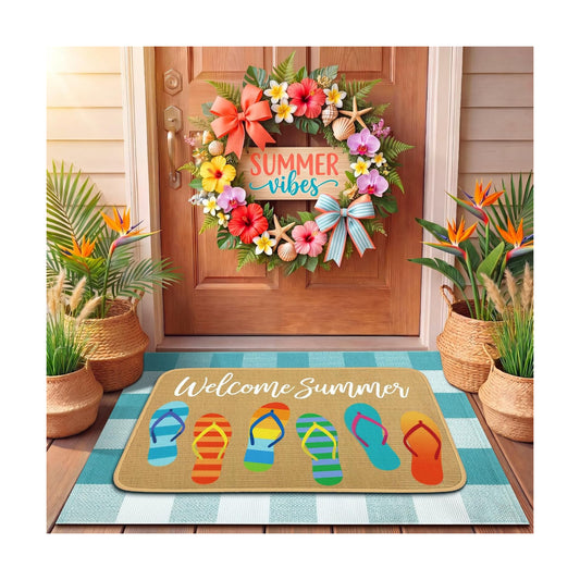 Tinideya 2 Pcs Summer Flip Flop Door Mat Outdoor Layered Entrance Rug