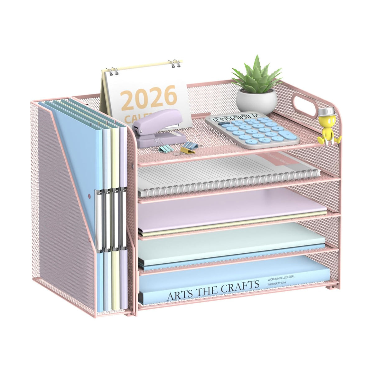5-Tier Desk Organizer with File Holder, Paper Organizer for Desk, Pink | 5 Letter Trays and Vertical File Holder with