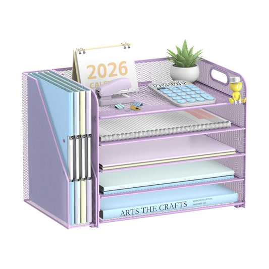 5-Tier Desk Organizer with File Holder, Paper Organizer for Desk, Purple | 5 Letter Trays and Vertical File Holder with